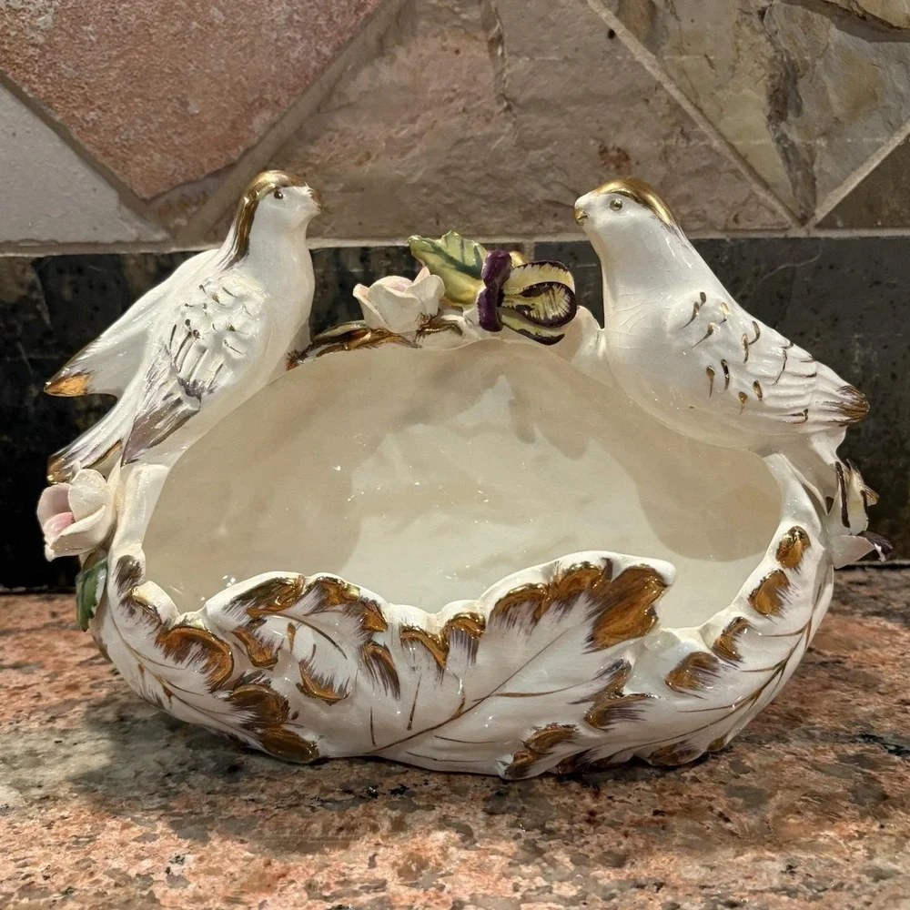 Antique French Vieux Paris Porcelain Bird Centerpiece Bowl Oak Leaf Gold Gilt